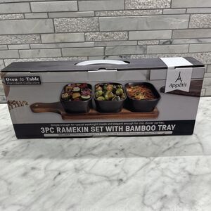 Appetit 3 pc Ramekin Set With Bamboo Tray Black Porcelain Oven to Table NEW